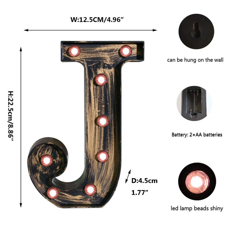 OYCBUZO Golden Black Led Marquee Letter - Industrial, Vintage Style Light Up Alphabet Letter Sign for Cafe Wedding Birthday Party Christmas Lamp Home Bar Initials Decor - J - Image 5